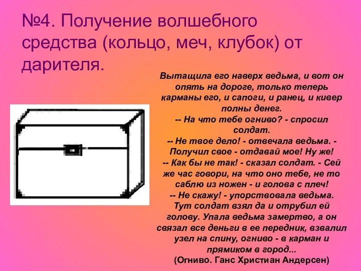 №4. Получение волшебного средства (кольцо, меч, клубок) от дарителя. Вытащила его