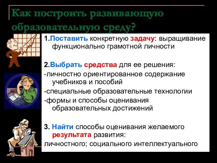 Как построить развивающую образовательную среду? 1.Поставить конкретную задачу: выращивание функционально грамотной