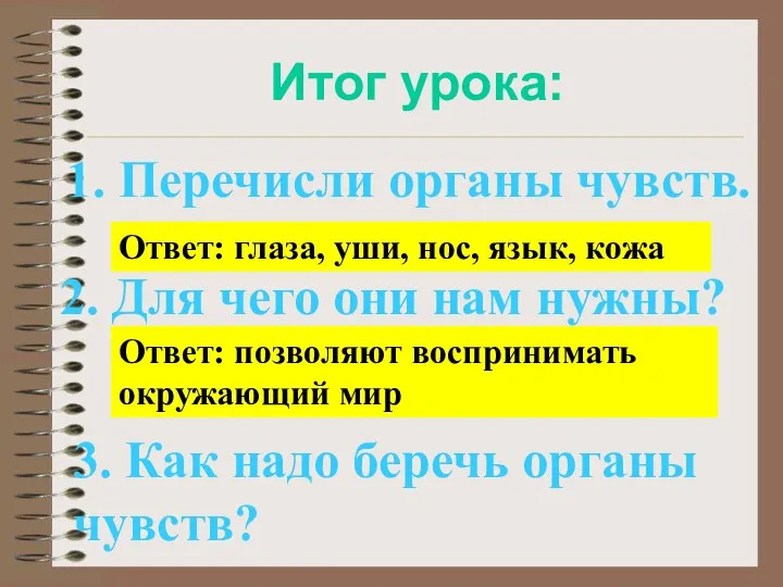 Итог урока: 1. Перечисли органы чувств. Ответ: глаза, уши, нос, язык,