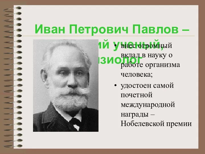 Иван Петрович Павлов – русский ученый, физиолог внес огромный вклад в