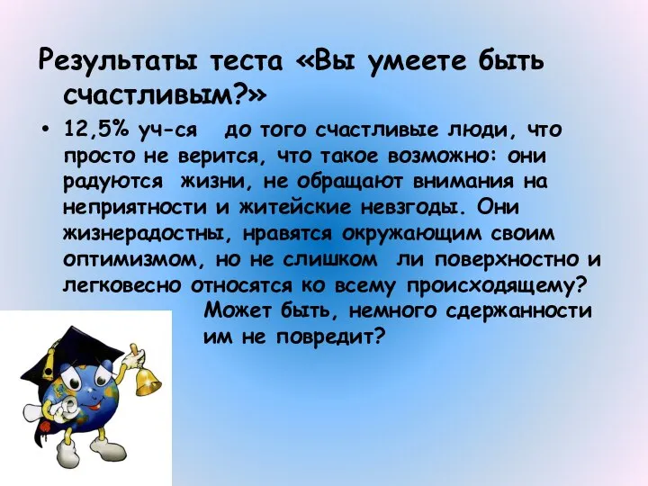 Результаты теста «Вы умеете быть счастливым?» 12,5% уч-ся до того счастливые