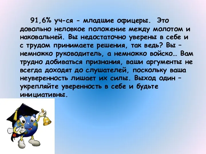 91,6% уч-ся - младшие офицеры. Это довольно неловкое положение между молотом