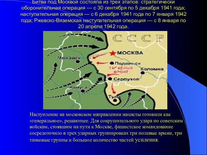 Битва под Москвой состояла из трех этапов: стратегически оборонительная операция —