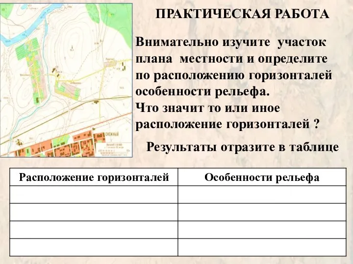 ПРАКТИЧЕСКАЯ РАБОТА Внимательно изучите участок плана местности и определите по расположению