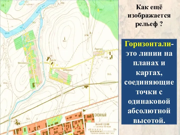 Как ещё изображается рельеф ? Горизонтали- это линии на планах и