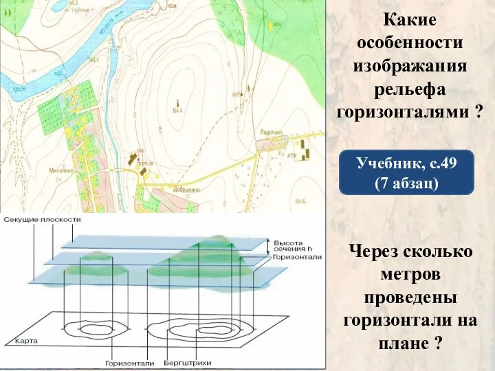 Какие особенности изображания рельефа горизонталями ? Учебник, с.49 (7 абзац) Через