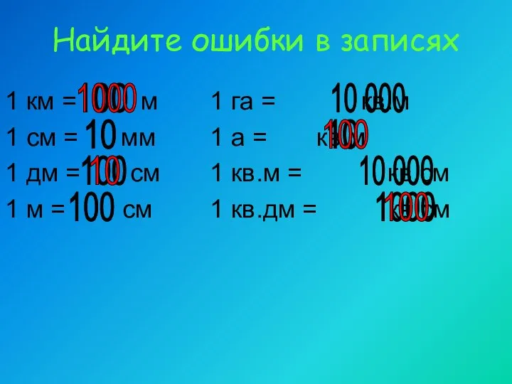 Найдите ошибки в записях 1 км = м 1 га =