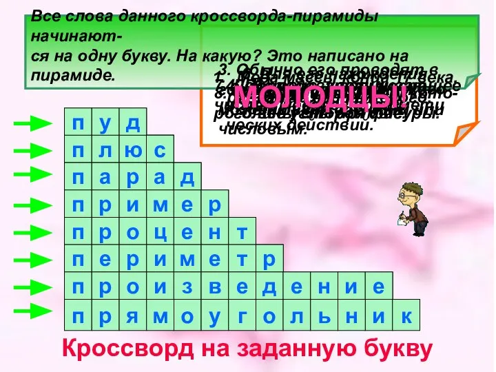 Все слова данного кроссворда-пирамиды начинают- ся на одну букву. На какую?