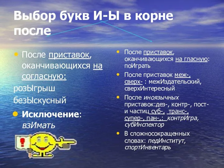 Выбор букв И-Ы в корне после После приставок, оканчивающихся на согласную: