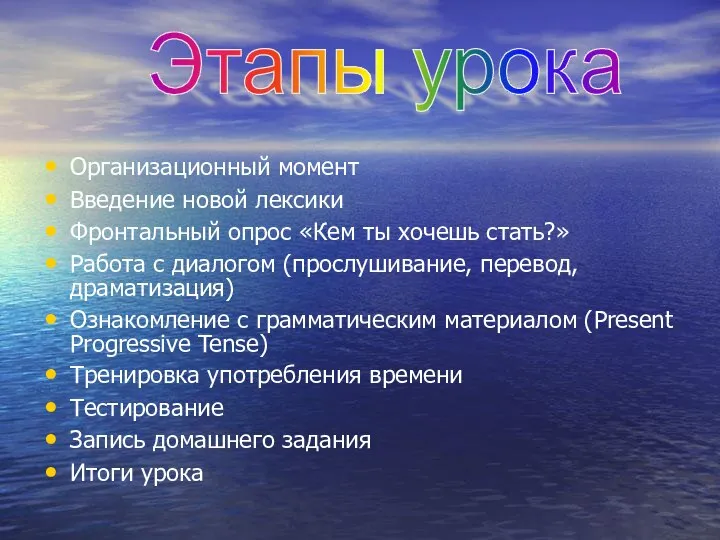 Организационный момент Введение новой лексики Фронтальный опрос «Кем ты хочешь стать?»