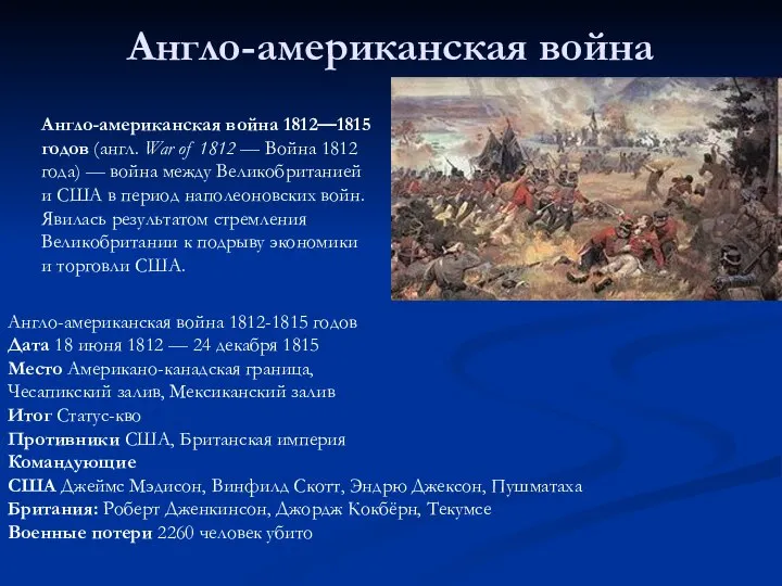 Англо-американская война Англо-американская война 1812—1815 годов (англ. War of 1812 —