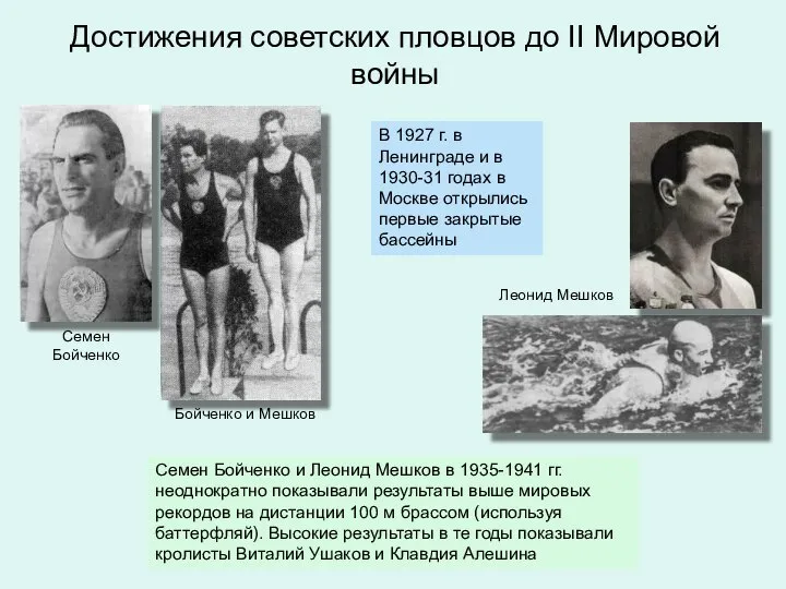 Достижения советских пловцов до II Мировой войны Бойченко и Мешков Семен
