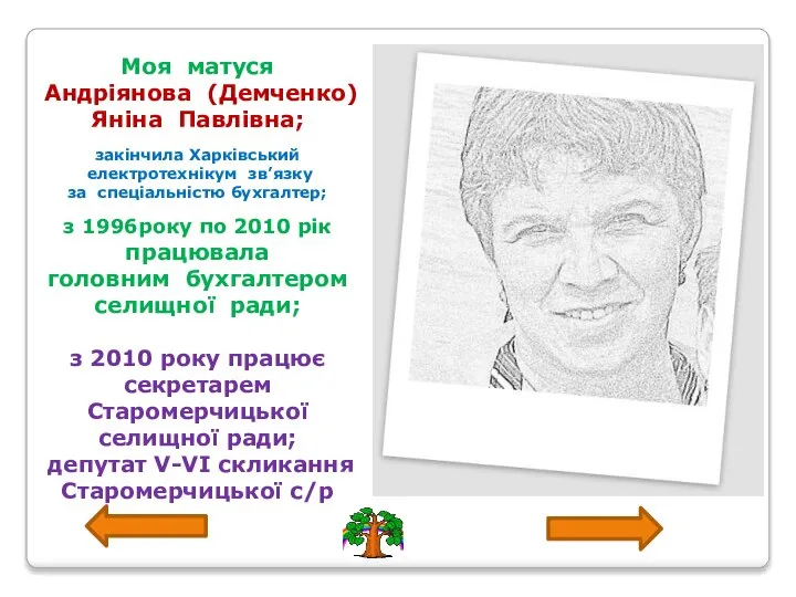 Моя матуся Андріянова (Демченко) Яніна Павлівна; закінчила Харківський електротехнікум зв’язку за