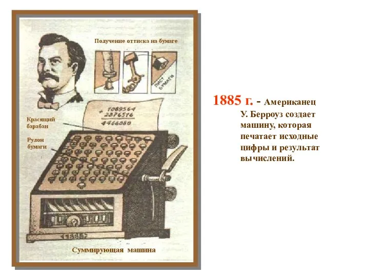 1885 г. - Американец У. Берроуз создает машину, которая печатает исходные цифры и результат вычислений.