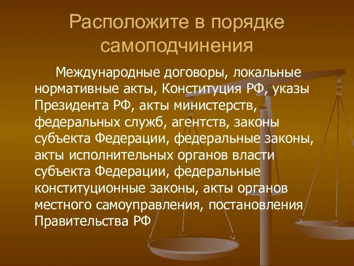 Расположите в порядке самоподчинения Международные договоры, локальные нормативные акты, Конституция РФ,