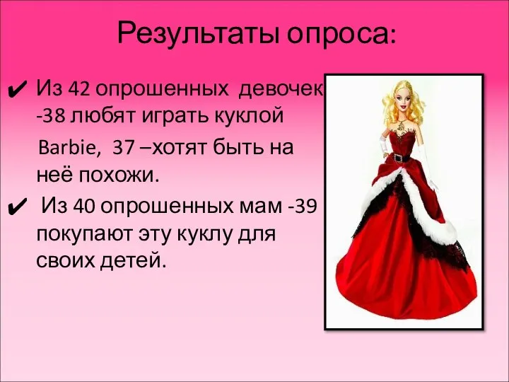 Результаты опроса: Из 42 опрошенных девочек -38 любят играть куклой Barbie,