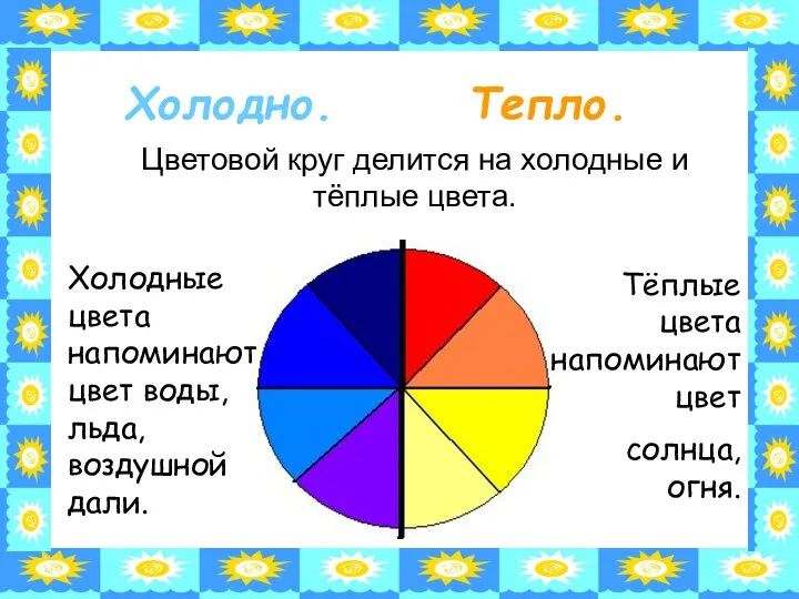 Холодно. Тепло. Холодные цвета напоминают цвет воды, льда, воздушной дали. Цветовой