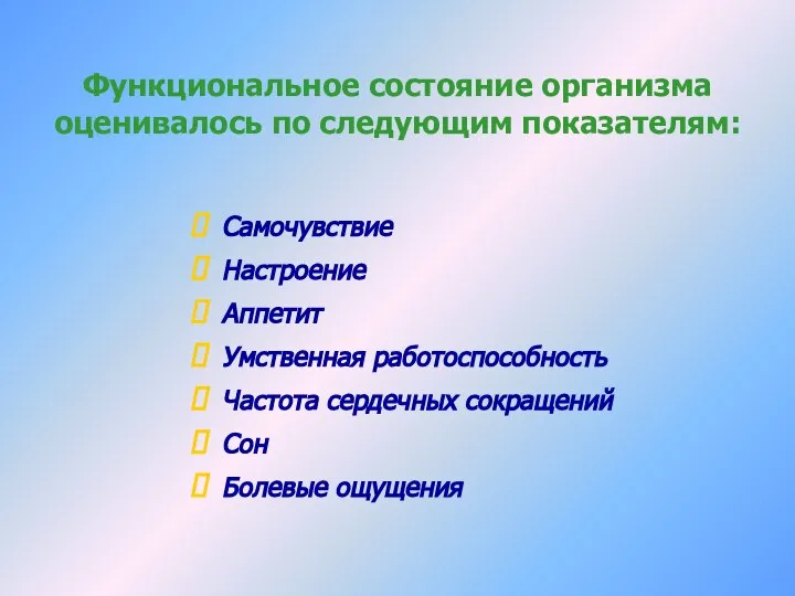 Функциональное состояние организма оценивалось по следующим показателям: Самочувствие Настроение Аппетит Умственная