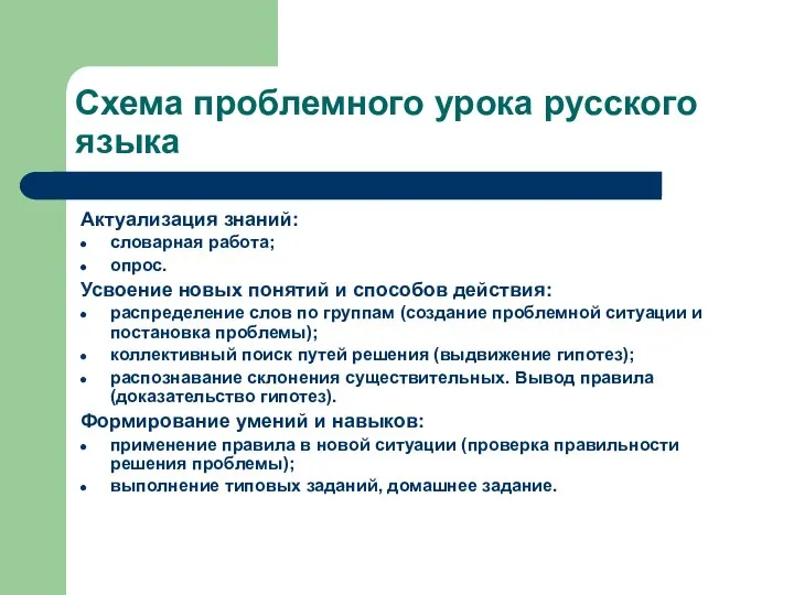 Схема проблемного урока русского языка Актуализация знаний: словарная работа; опрос. Усвоение