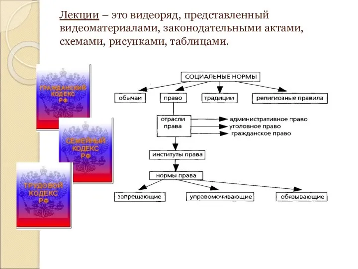 Лекции – это видеоряд, представленный видеоматериалами, законодательными актами, схемами, рисунками, таблицами.