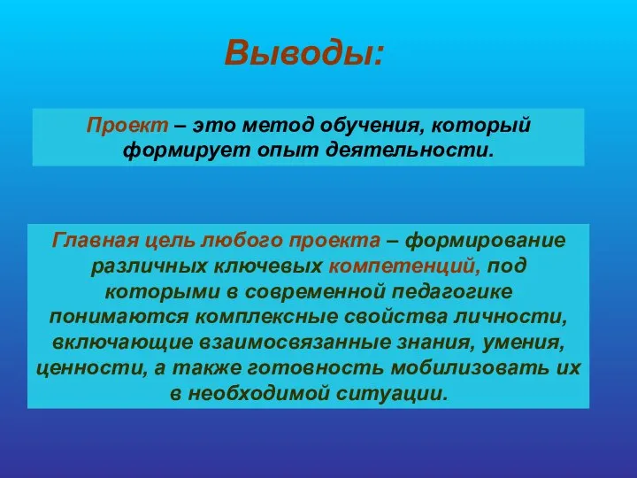 Выводы: Проект – это метод обучения, который формирует опыт деятельности. Главная