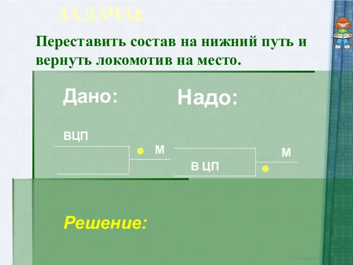 ЗАДАЧА: ВЦП М ЦП М В Дано: Надо: Переставить состав на