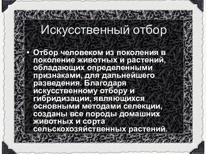 Искусственный отбор Отбор человеком из поколения в поколение животных и растений,