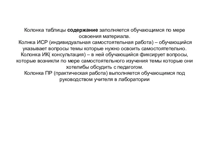 Колонка таблицы содержание заполняется обучающимся по мере освоения материала. Колнка ИСР