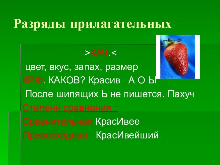 Разряды прилагательных >КАЧ. цвет, вкус, запах, размер КР.Ф. КАКОВ? Красив А