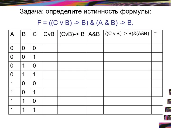 Задача: определите истинность формулы: F = ((С v В) -> В)