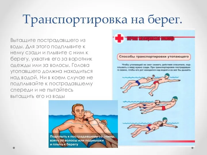 Транспортировка на берег. Вытащите пострадавшего из воды. Для этого подплывите к