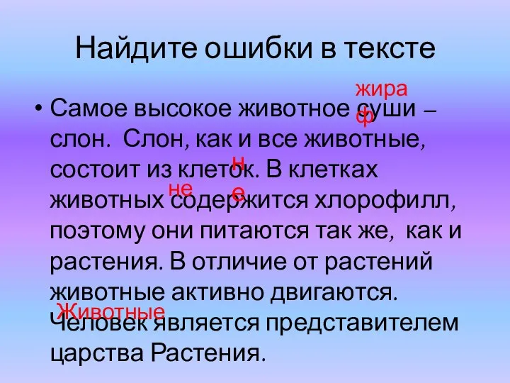 Найдите ошибки в тексте Самое высокое животное суши – слон. Слон,