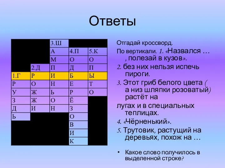 Ответы Отгадай кроссворд. По вертикали. 1. «Назвался … , полезай в