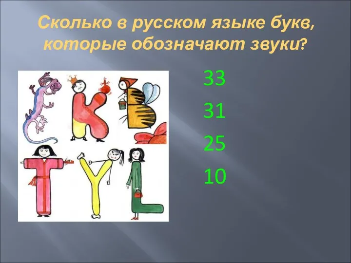 Сколько в русском языке букв, которые обозначают звуки? 33 31 25 10