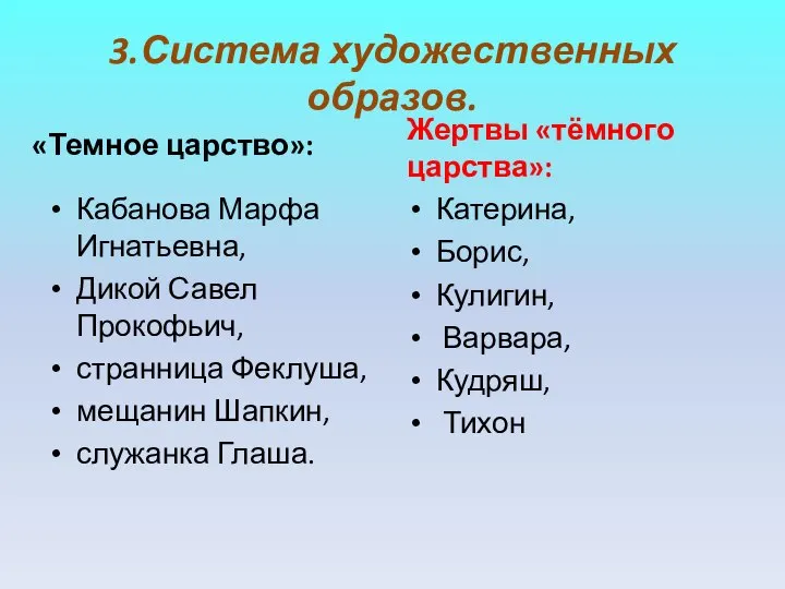 3.Система художественных образов. «Темное царство»: Кабанова Марфа Игнатьевна, Дикой Савел Прокофьич,