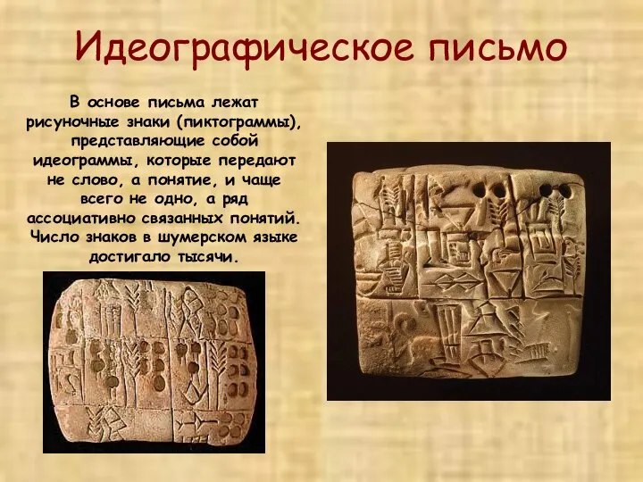 Идеографическое письмо В основе письма лежат рисуночные знаки (пиктограммы), представляющие собой