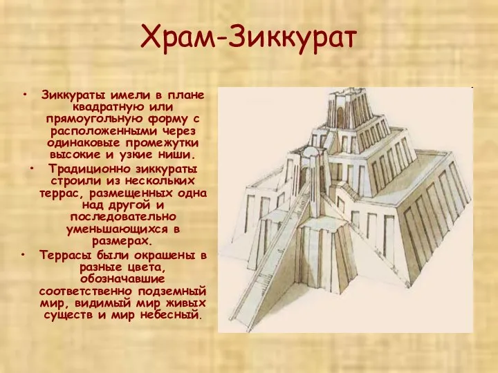 Храм-Зиккурат Зиккураты имели в плане квадратную или прямоугольную форму с расположенными
