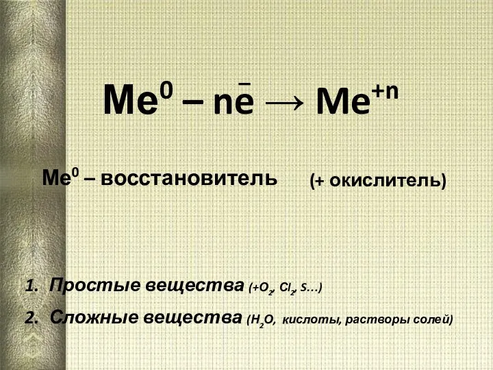 Ме0 – ne → Me+n Ме0 – восстановитель Простые вещества (+О2,