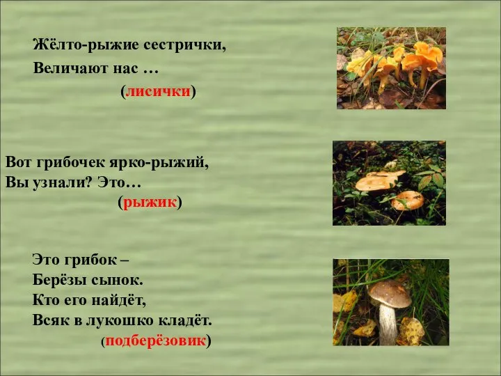 Жёлто-рыжие сестрички, Величают нас … (лисички) Это грибок – Берёзы сынок.