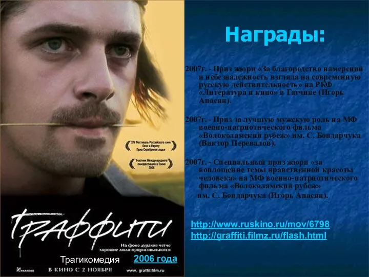 Награды: 2007г. - Приз жюри «За благородство намерений и небезнадежность взгляда