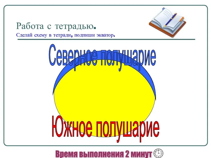 Работа с тетрадью. Сделай схему в тетради, подпиши экватор. Северное полушарие