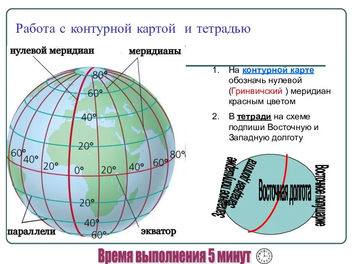 Работа с контурной картой и тетрадью На контурной карте обозначь нулевой