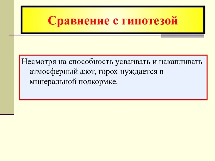 Несмотря на способность усваивать и накапливать атмосферный азот, горох нуждается в минеральной подкормке. Сравнение с гипотезой