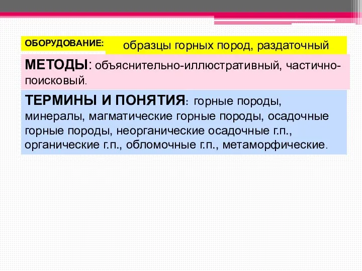 ОБОРУДОВАНИЕ: образцы горных пород, раздаточный материал МЕТОДЫ: объяснительно-иллюстративный, частично-поисковый. ТЕРМИНЫ И