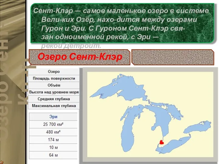 Сент-Клэр — самое маленькое озеро в системе Вели-ких Озёр, нахо-дится между