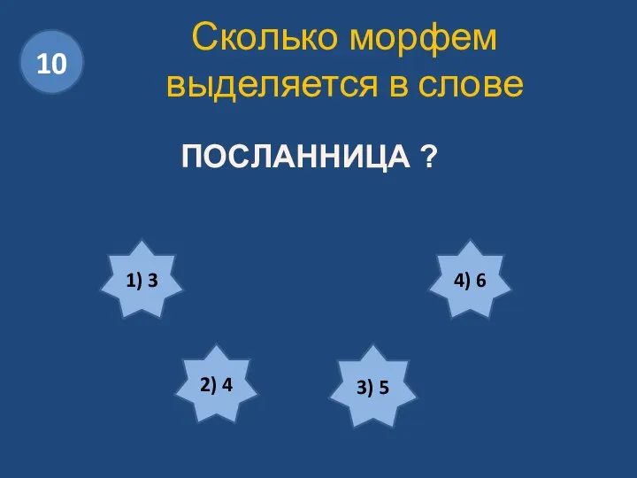 Сколько морфем выделяется в слове ПОСЛАННИЦА ? 1) 3 2) 4 3) 5 4) 6 10