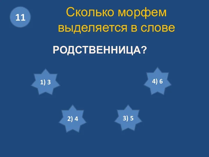 Сколько морфем выделяется в слове РОДСТВЕННИЦА? 11 2) 4 1) 3 3) 5 4) 6