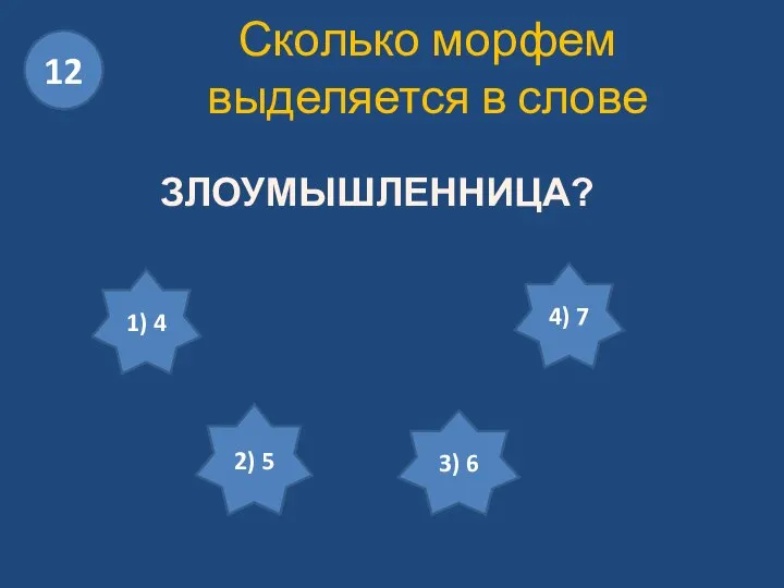 Сколько морфем выделяется в слове ЗЛОУМЫШЛЕННИЦА? 1) 4 2) 5 3) 6 4) 7 12