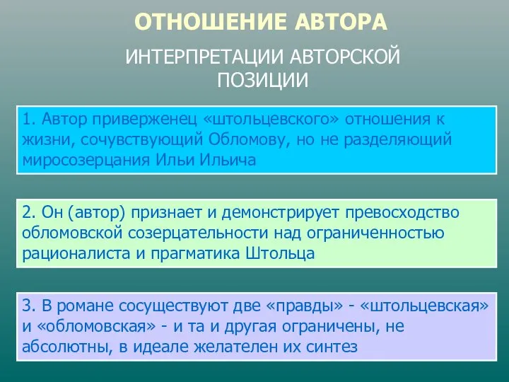 ОТНОШЕНИЕ АВТОРА ИНТЕРПРЕТАЦИИ АВТОРСКОЙ ПОЗИЦИИ 1. Автор приверженец «штольцевского» отношения к