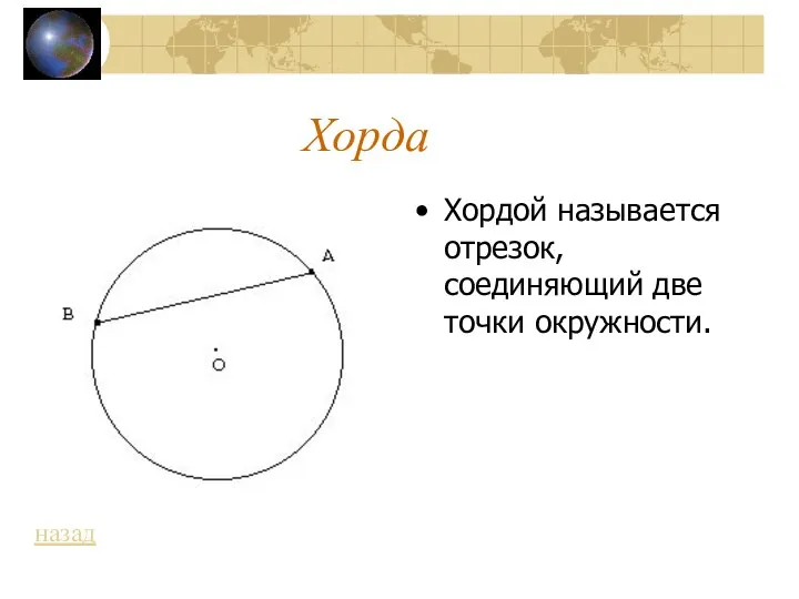 Хорда Хордой называется отрезок, соединяющий две точки окружности. назад